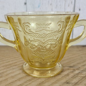 Vintage Federal Glass Madrid Pattern Open Sugar Bowl Yellow Depression Glass Double Handle Pot Replacement Dish Mismatched Tea Party Decor