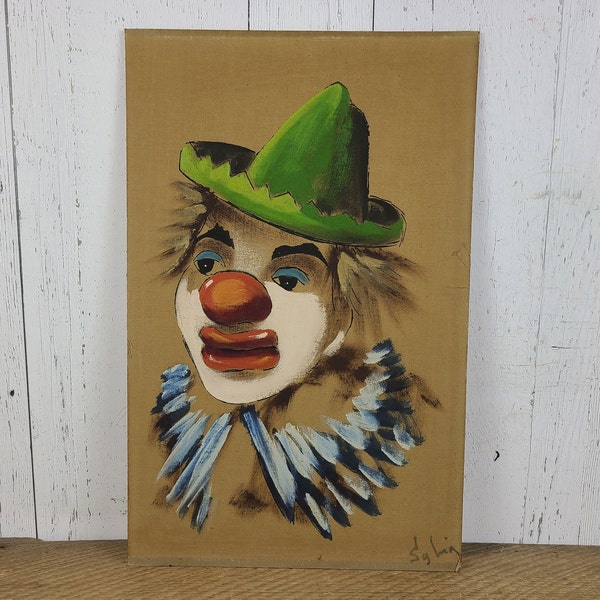 Vintage Mid Century Original Clown Painting Unframed Fabric on Laminate Signed Artwork Circus Art Gallery Wall Hanging Creepy Clown Gag Gift