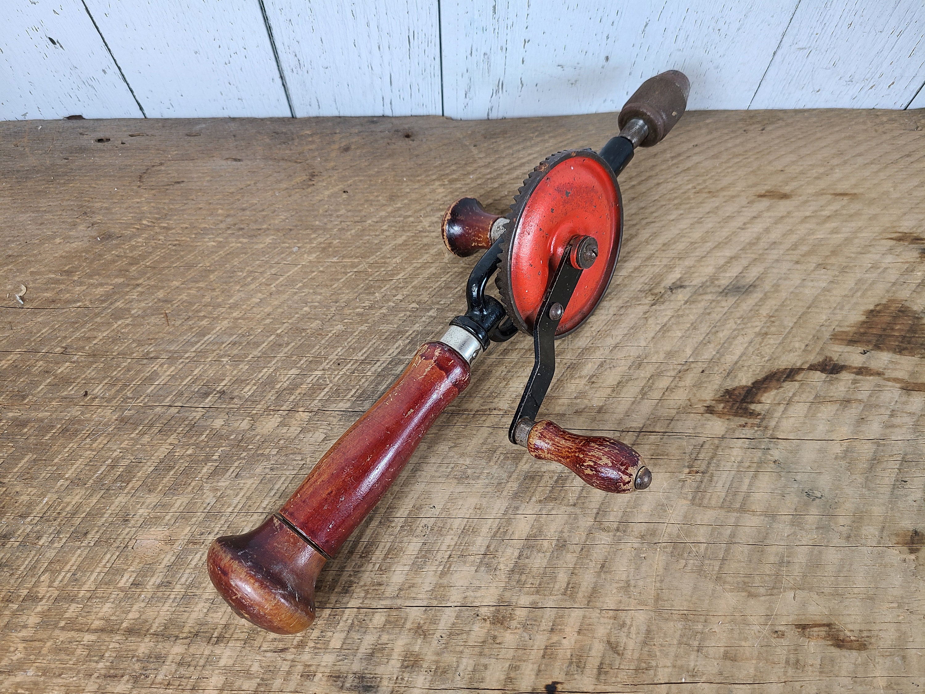 Vintage Hand Drill Metal W/ Wood Handle Orange & Red Rusted Etsy