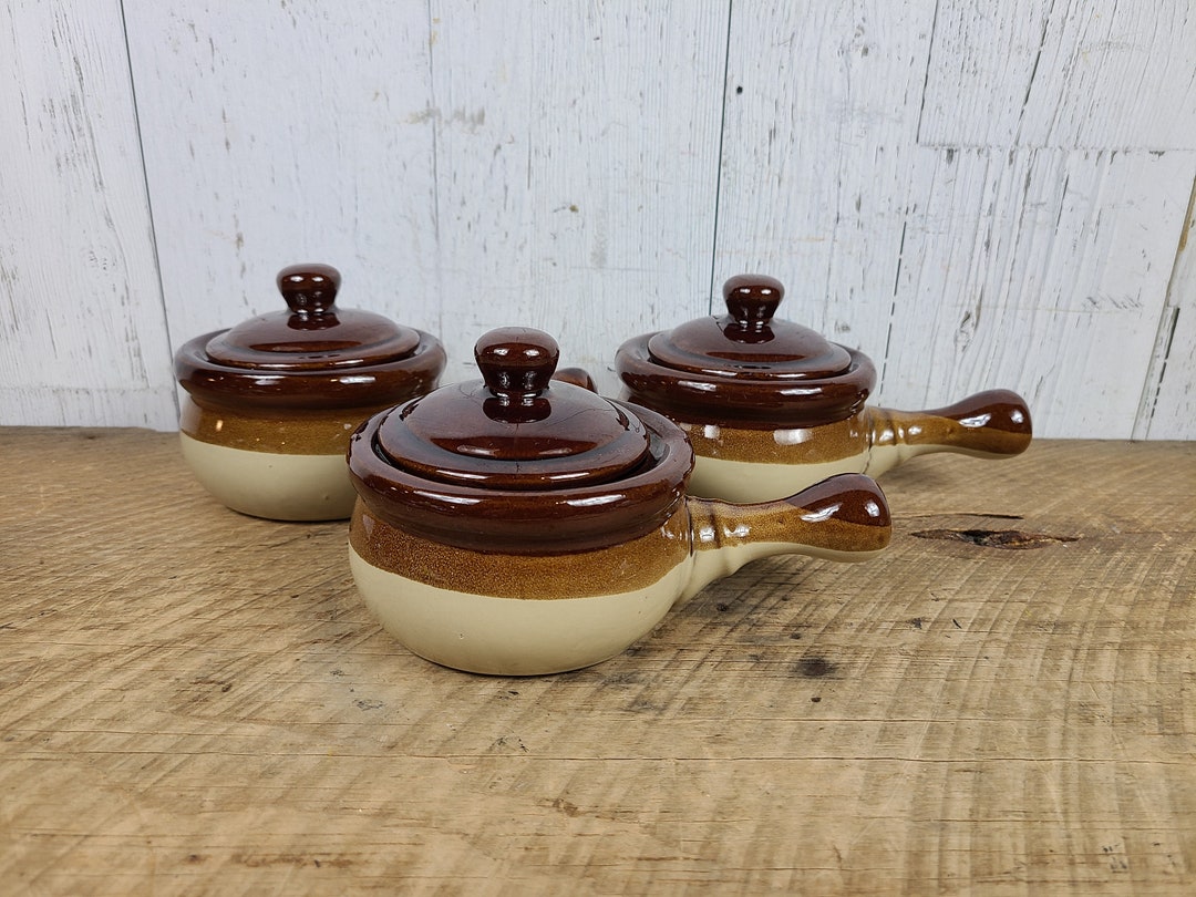 Vintage Set of 3 French Onion Soup Bowls W/ Lids 14 OZ Brown Beige