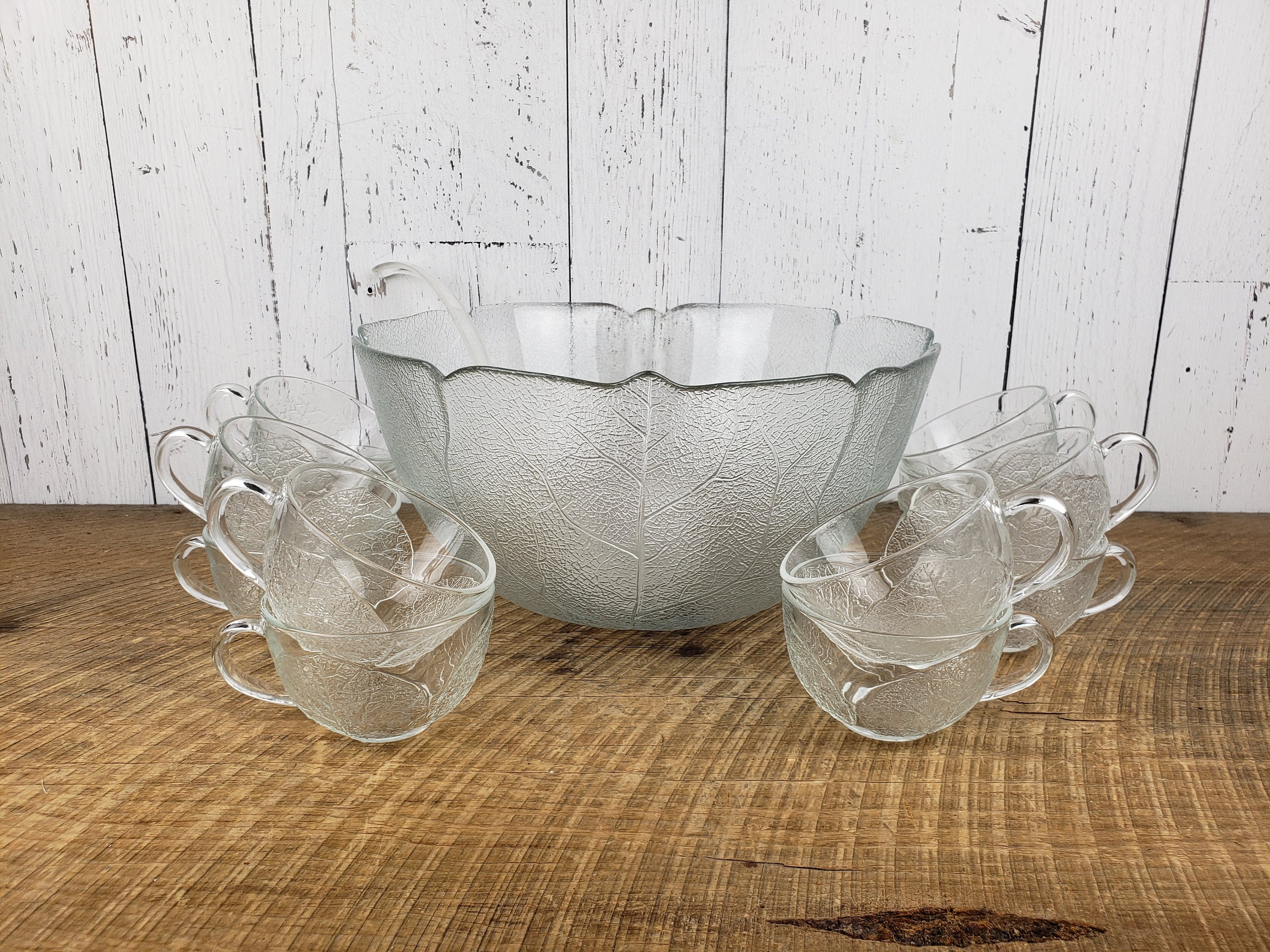 Vintage Punch Bowl w/ 12 Cups & Ladle Arcoroc Aspen Leaf Glass Etsy