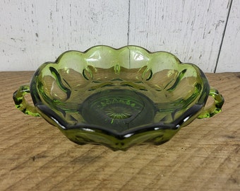 Vintage Anchor Hocking Double Handled Trinket Bowl Avocado Green Glass Fairfield Relish Dish Modern Mid Century Retro Olive Collectible Boho