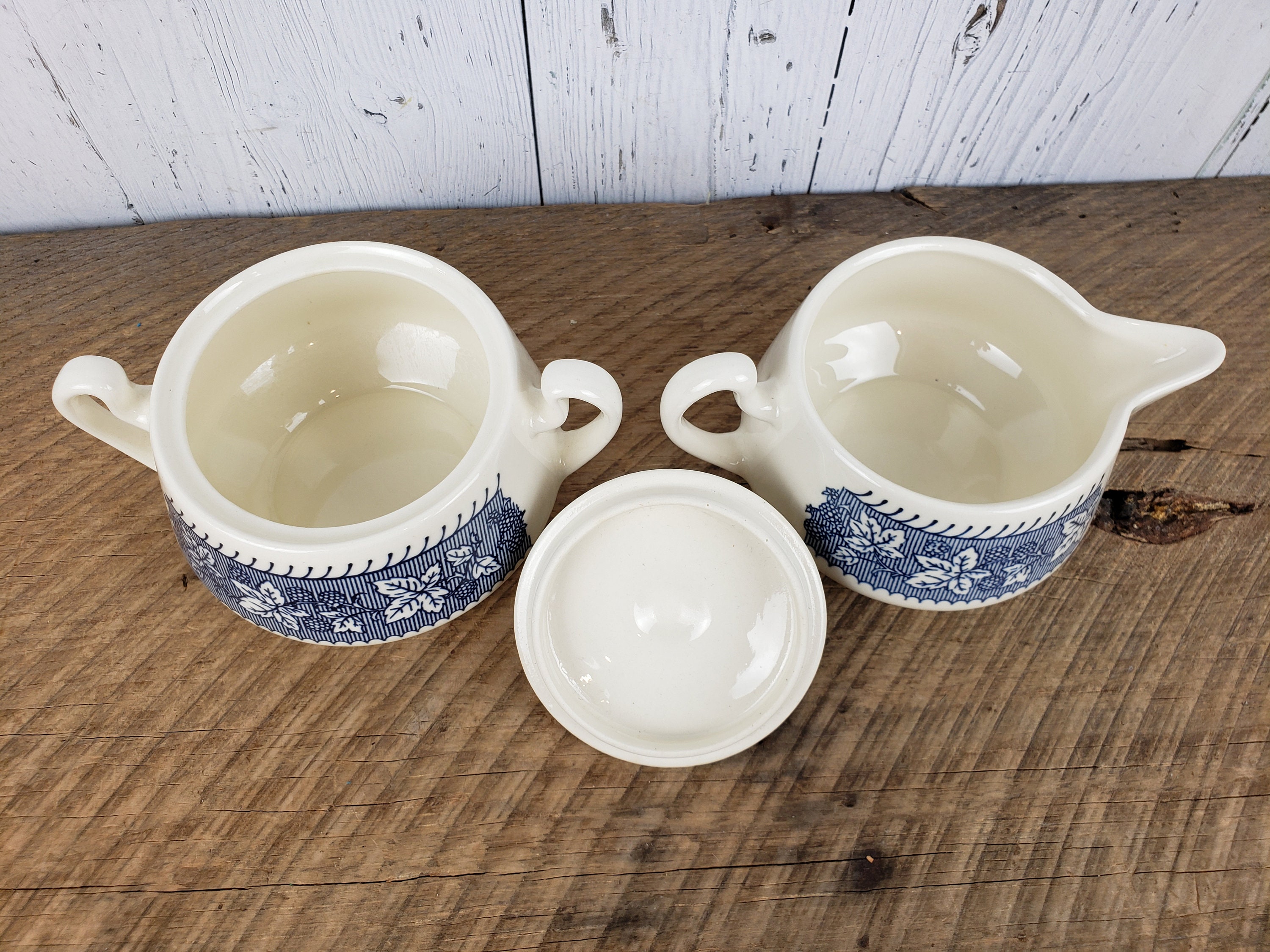 Sets Serving Odds & Ends Vintage Sugar Pot & Creamer Pitcher Set Blue Leaves Berries Made in USA