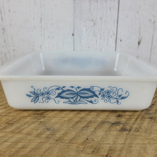 Vintage Glasbake Blue Onion Square 8" Casserole Dish Oven Proof Microwave Ovenware Mid Century Milk Glass Bakeware USA Collectible Glassware