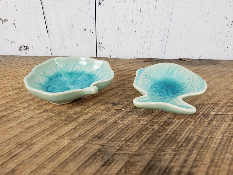 Vintage Small Turquoise Trinket Dishes Set of 2 Fish /& Leaf Mid Century Stoneware Trinket Bowls Ring Trays Hawaiian Tiki Bohemian Boho Chic