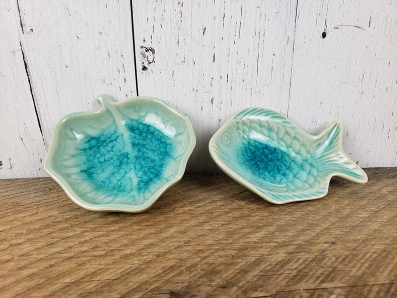 Vintage Small Turquoise Trinket Dishes Set of 2 Fish /& Leaf Mid Century Stoneware Trinket Bowls Ring Trays Hawaiian Tiki Bohemian Boho Chic