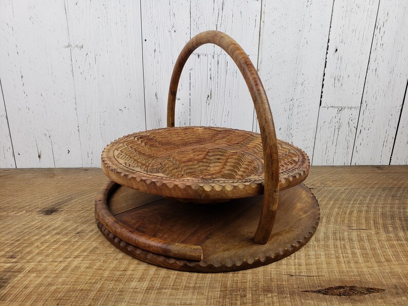 Vintage Large Bohemian Collapsible Bowl Intricate Hand Carved Details Boho Basket Wooden Fruit Snack Display Rustic Wood Trinket Holder