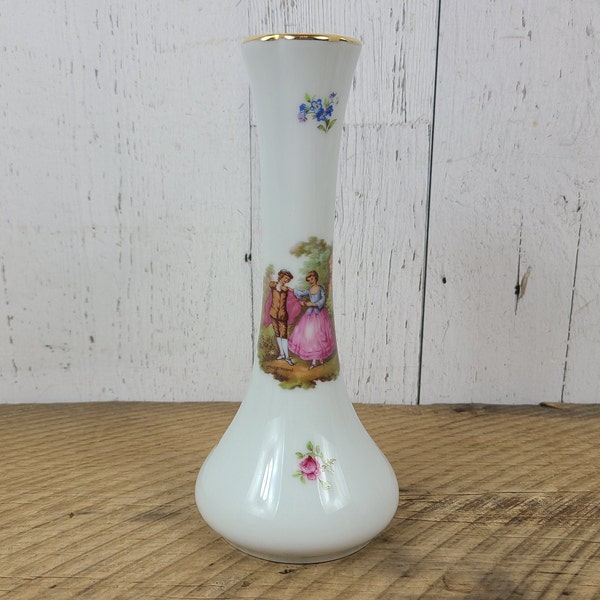 Vintage Limoges France Porcelain Vase 8" High French Romantic Couple Fragonard Painting Reproduction Rococo Style Hollywood Regency Decor