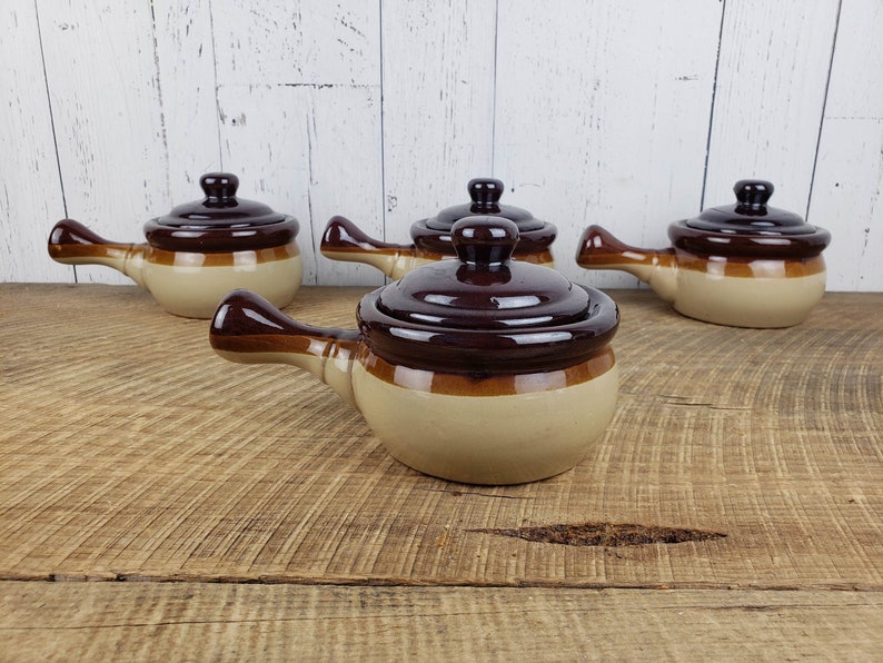 Vintage Set of 4 French Onion Soup Bowls w Lids Brown Stoneware Chef Mates Bohemian Ceramic Ovenproof Modern Mid Century Dishes Boho Chic