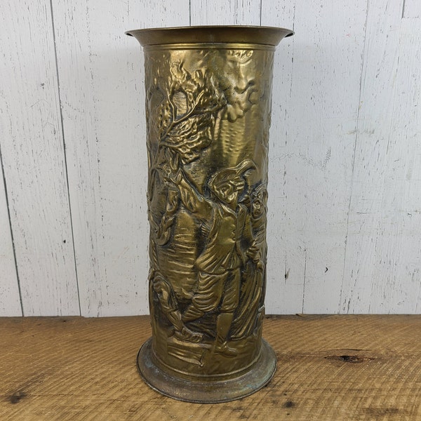 Vintage Hammered Brass Umbrella Stand England Holder Rack Old British Pub Scene Modern Mid Century Entryway Decor Home Entrance Mud Room