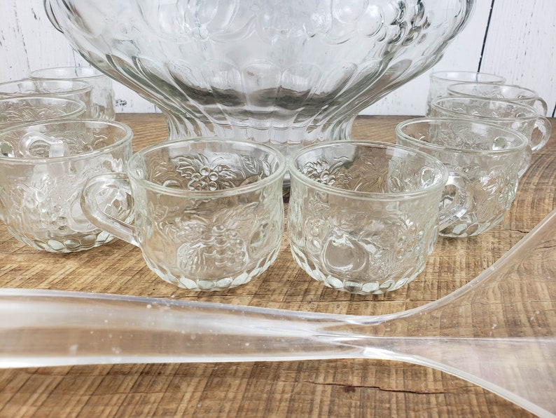 Vintage Punch Bowl 10 Cups Ladle & Hooks Glass Set Etsy