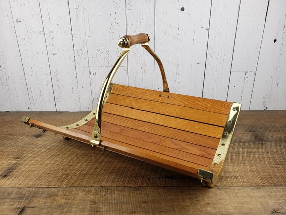 Vintage Wood Brass Log Holder Fireplace Decor Kindling Etsy