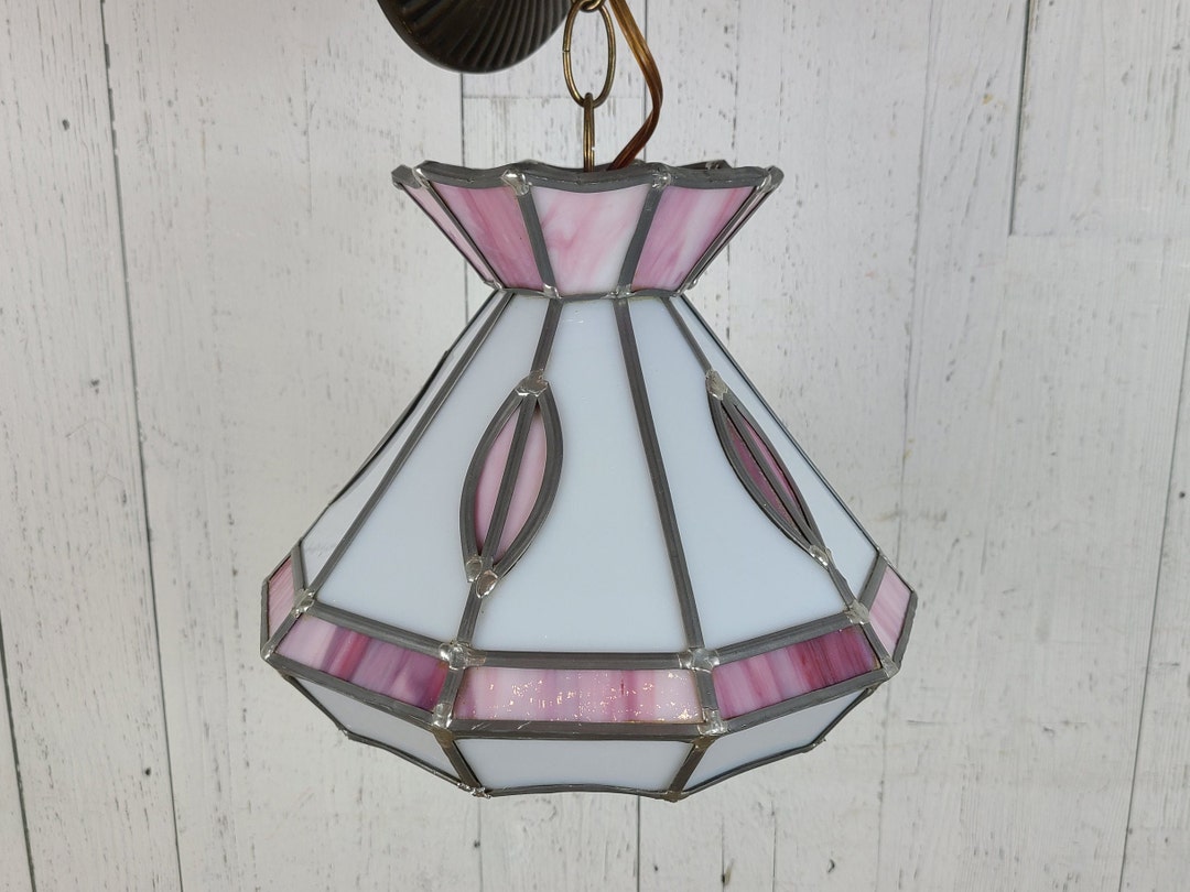 Vintage Pink & White Slag Glass Pendant Lantern Chandelier Welded Metal ...