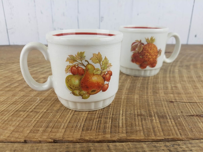 Vintage Set of 2 Fruit Themed Coffee Cups EIT Ltd England Tea Mugs Pattern Pineapple Strawberies Pears Eclectic Bohemian Boho Chic Decor image 8