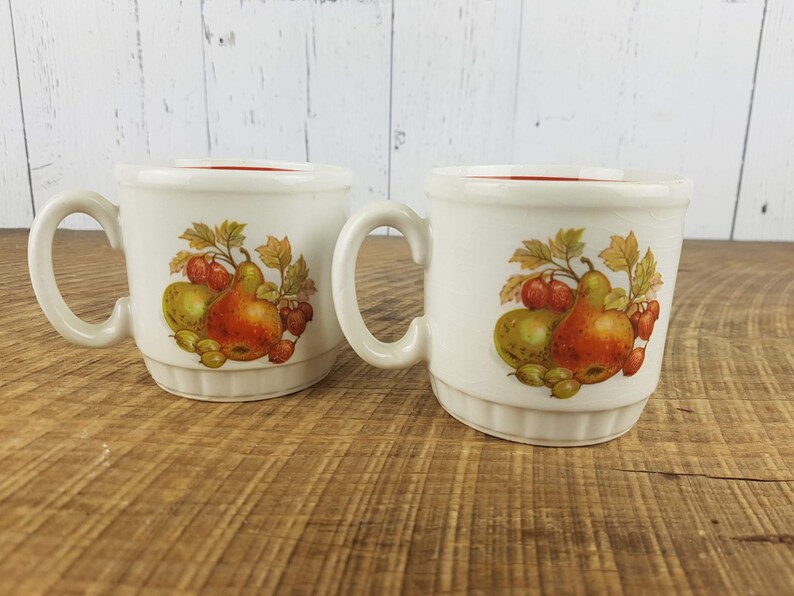 Vintage Set of 2 Fruit Themed Coffee Cups EIT Ltd England Tea Mugs Pattern Pineapple Strawberies Pears Eclectic Bohemian Boho Chic Decor image 7