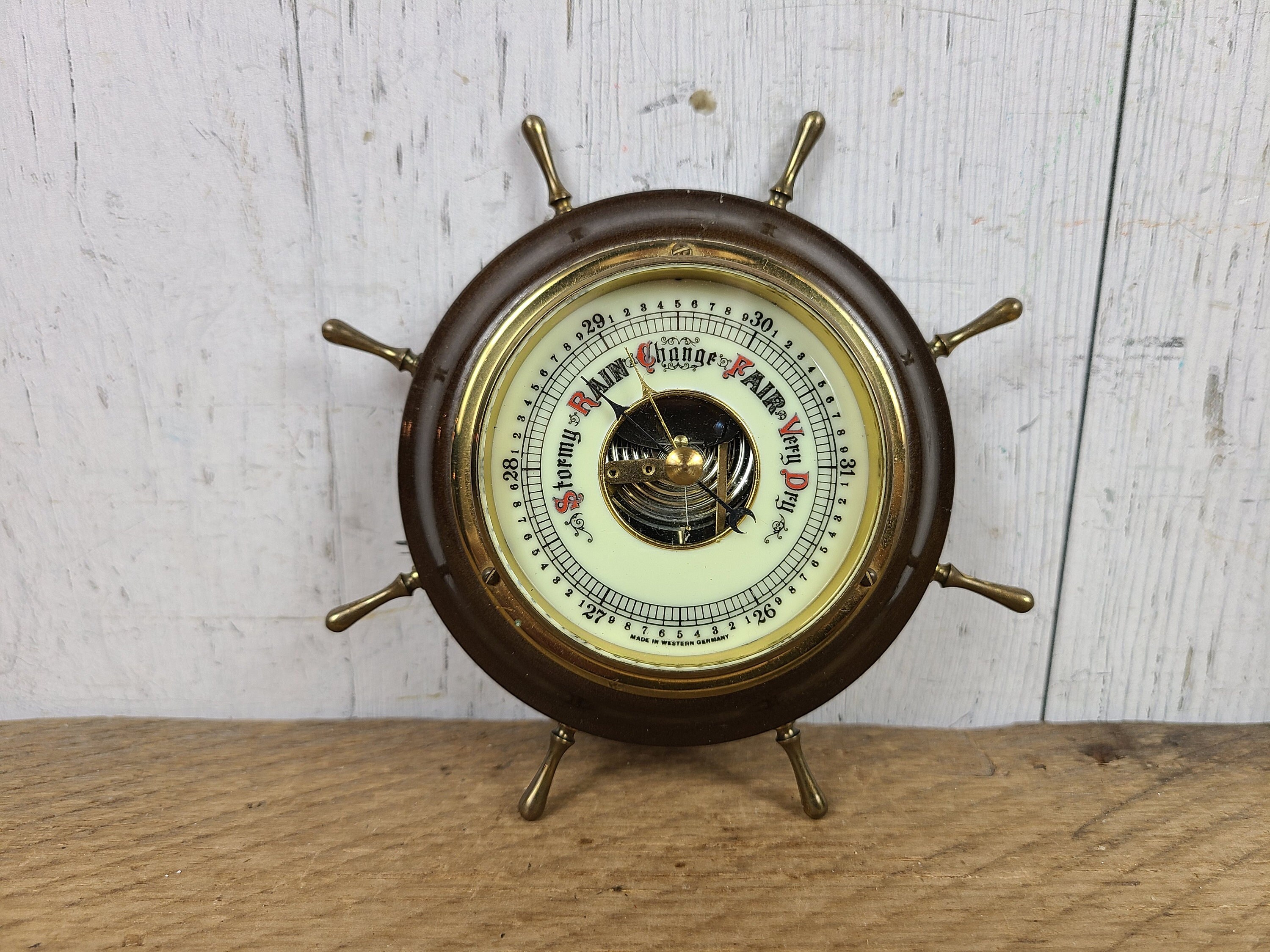 Vintage Ship's Wheel Barometer Wall Hanging Weather Prediction Tool Western Germany Instrument
