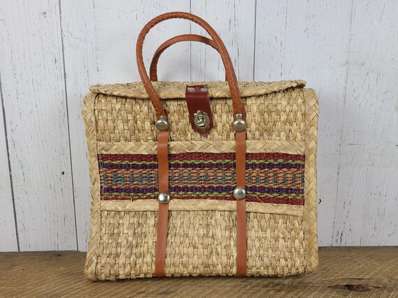 Vintage Weaved Wicker Purse Leather Handle Metal … - image 1