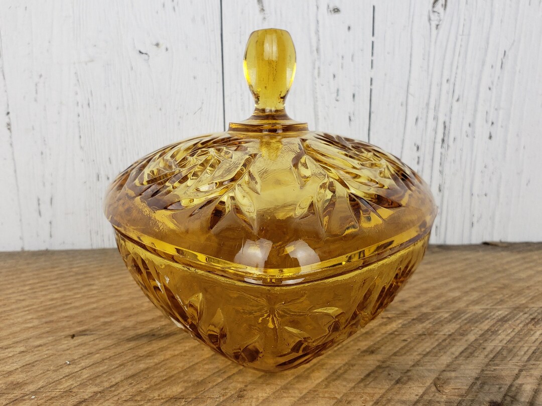 Vintage Amber Triangle Candy Dish W/ Lid Hazel Atlas Pinwheel Powder