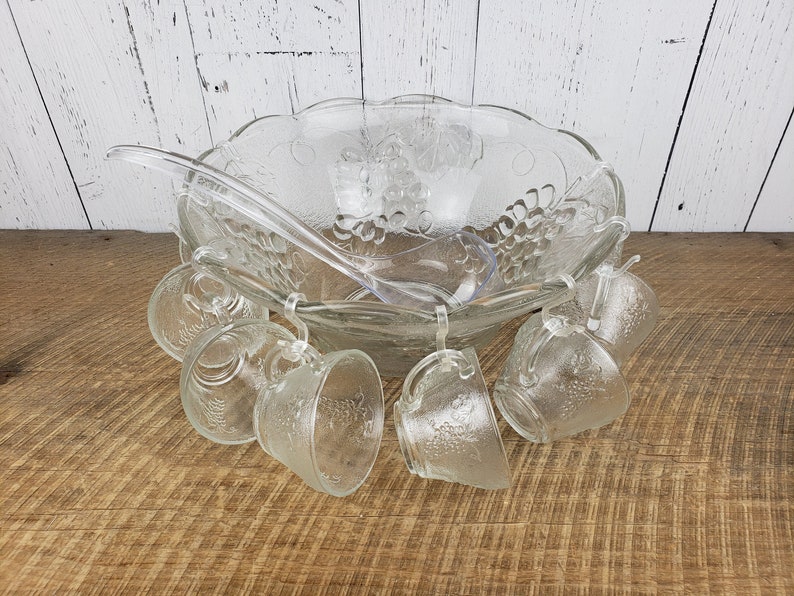 Vintage Punch Bowl 8 Cups Ladle & Hooks Kig Glass Indonesia Etsy