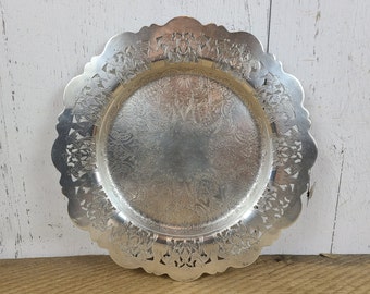 Vintage Silver Etched Birds Service Platter Decorative Round Wall Hanging Plate Saxon Plate E.P Copper Silverplate Filigree Serving Tray