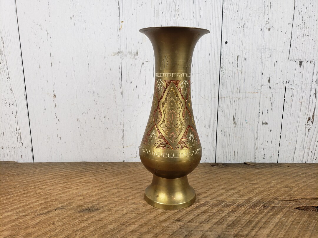 Vintage Etched Brass Vase 7.5 High Mid Century Decorative Filigree