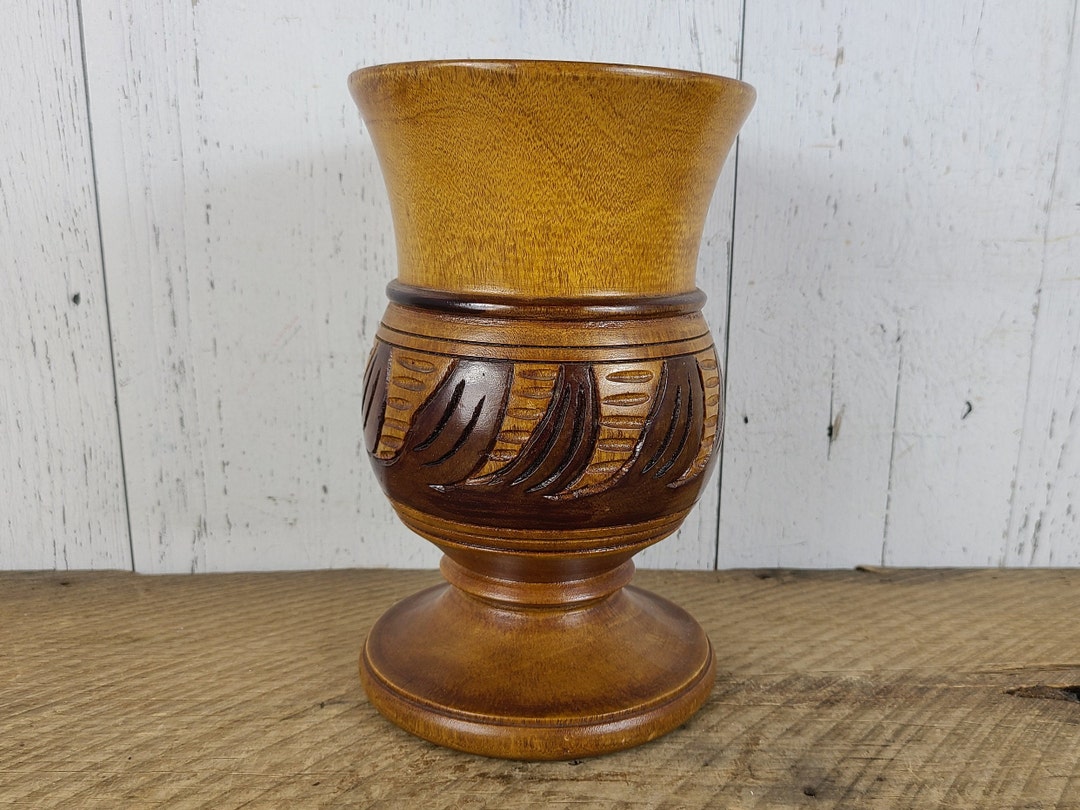Vintage Hand Carved Wood Vase Wooden Detailed Leaf Pattern Modern Mid