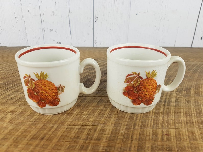 Vintage Set of 2 Fruit Themed Coffee Cups EIT Ltd England Tea Mugs Pattern Pineapple Strawberies Pears Eclectic Bohemian Boho Chic Decor image 3