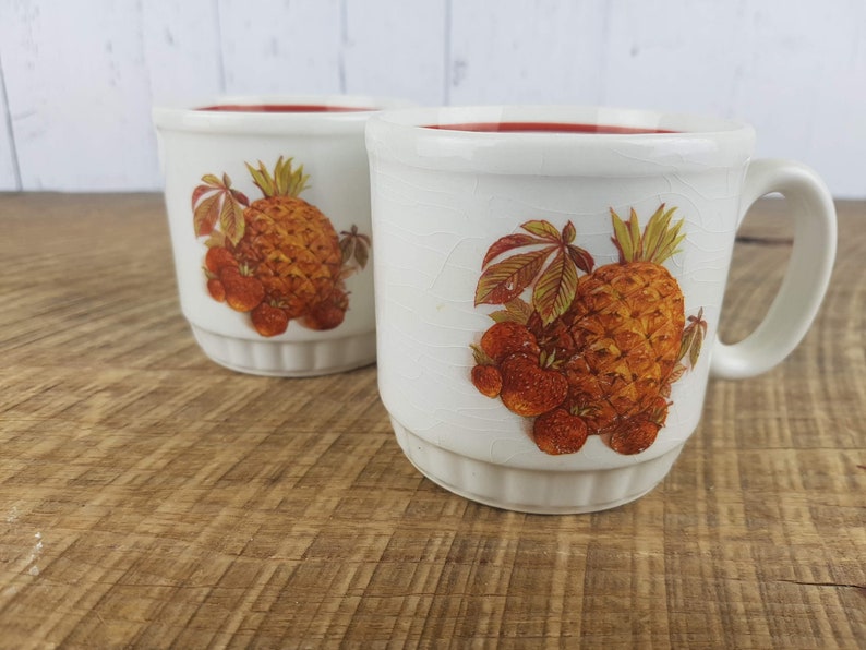 Vintage Set of 2 Fruit Themed Coffee Cups EIT Ltd England Tea Mugs Pattern Pineapple Strawberies Pears Eclectic Bohemian Boho Chic Decor image 1