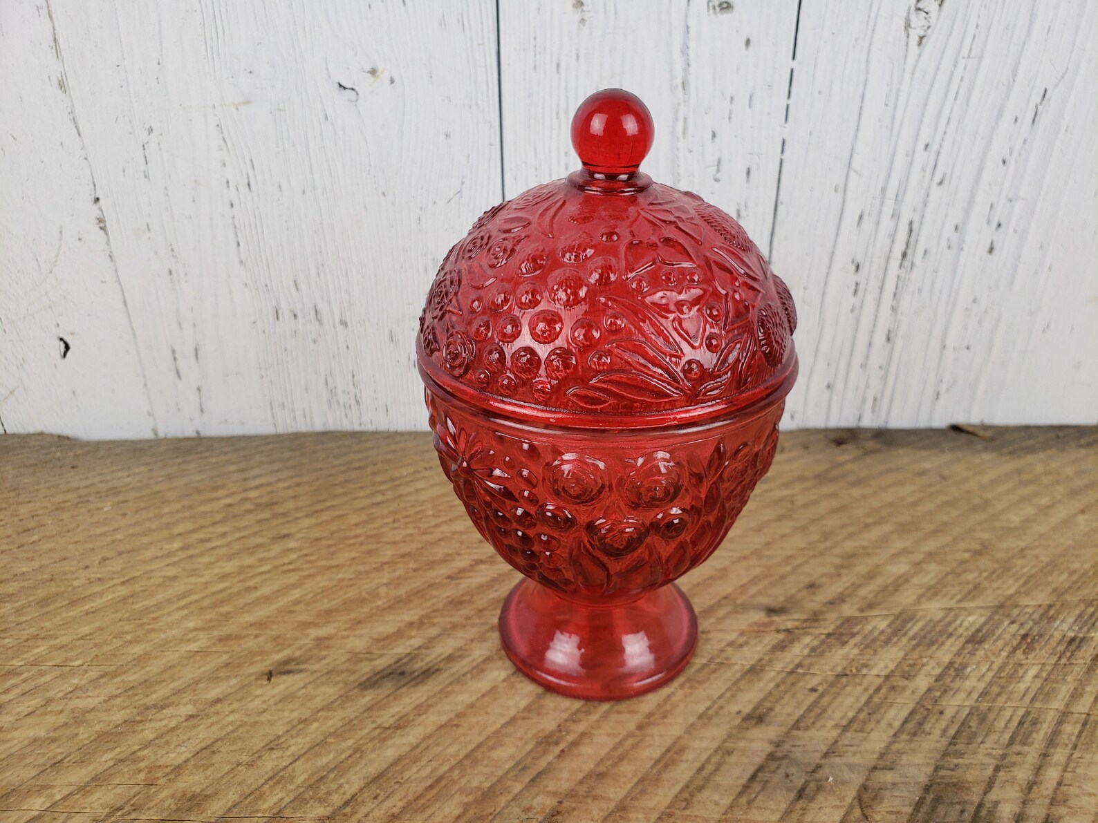Vintage Footed Red Glass Candy Dish W/ Lid Floral Pattern Avon Etsy