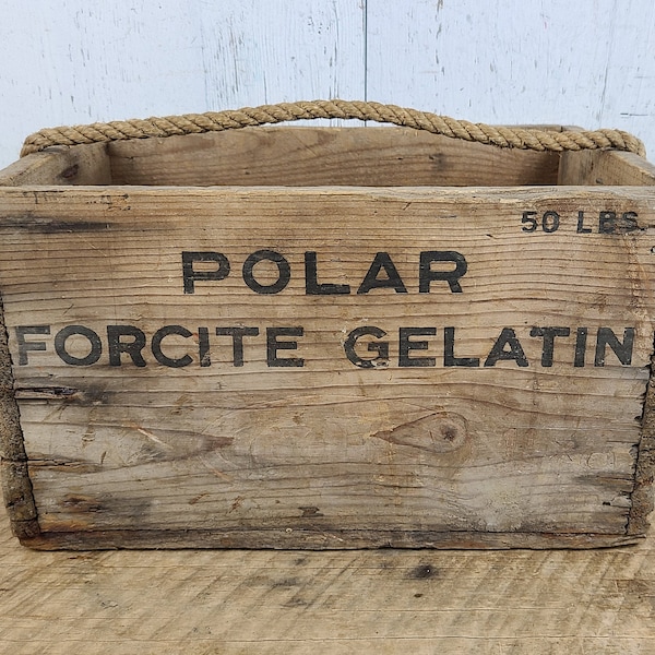 Vintage Polar Forcite Gelatin Wooden Crate Rustic Canadian Advertisement Wood Box Unique Storage Basket Kitchen Decor Industrial Primitive