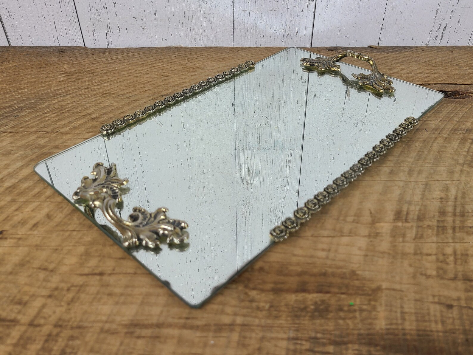 Vintage Mirror Vanity Tray Filigree Gilded Brass Details Old Etsy