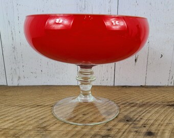 Vintage Red Hand Blown Glass Footed Vase 7" Pedestal Bowl Swung Glass Art Mid Century Modern Collectible Glassware Statement Artisan