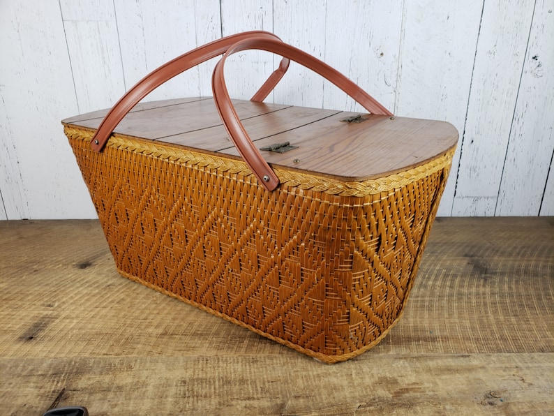 Vintage Picnic Basket with Wood Top