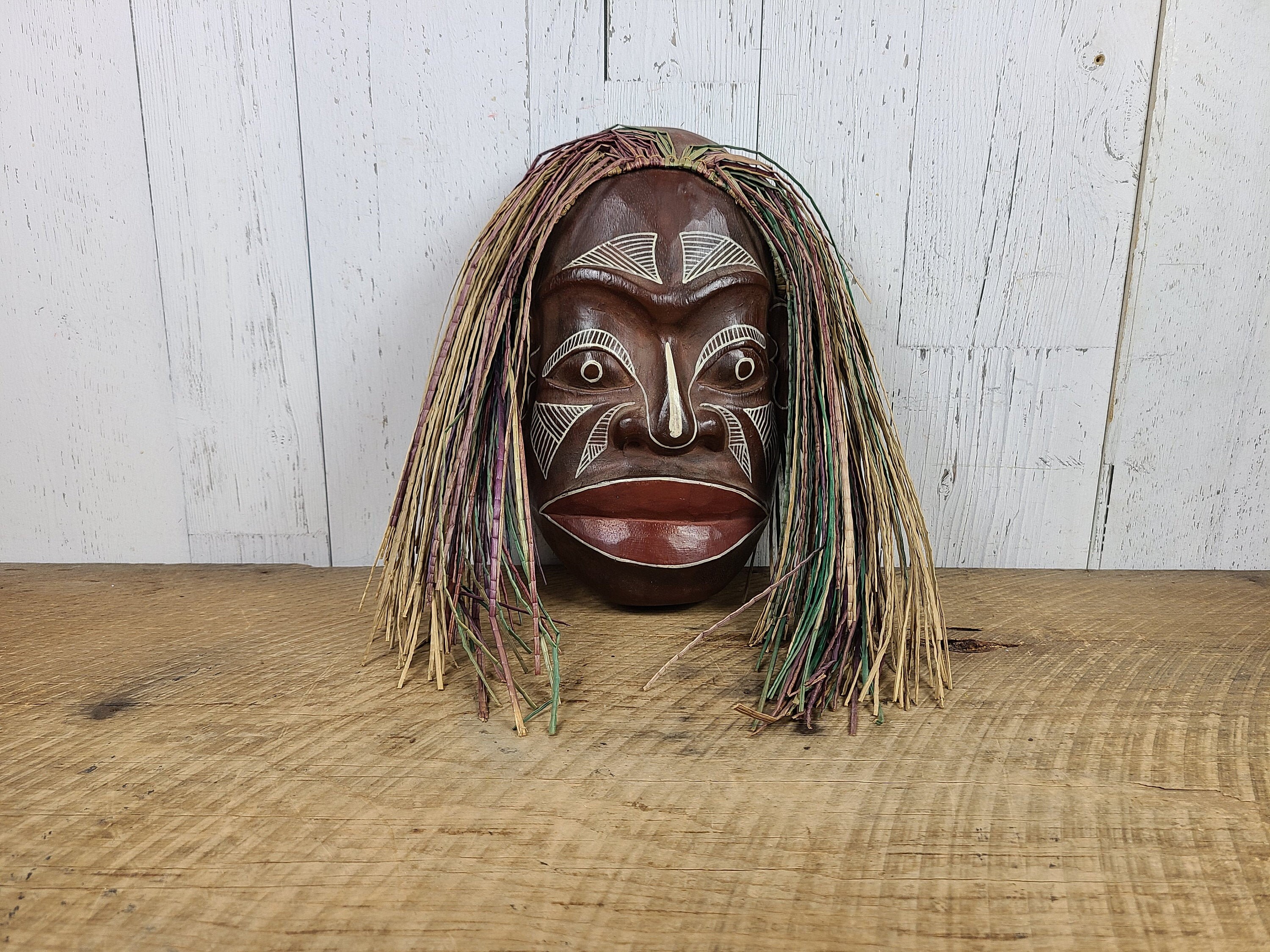 Vintage African Mask 12 Hand Carved Wood Modern Mid Century Tribal