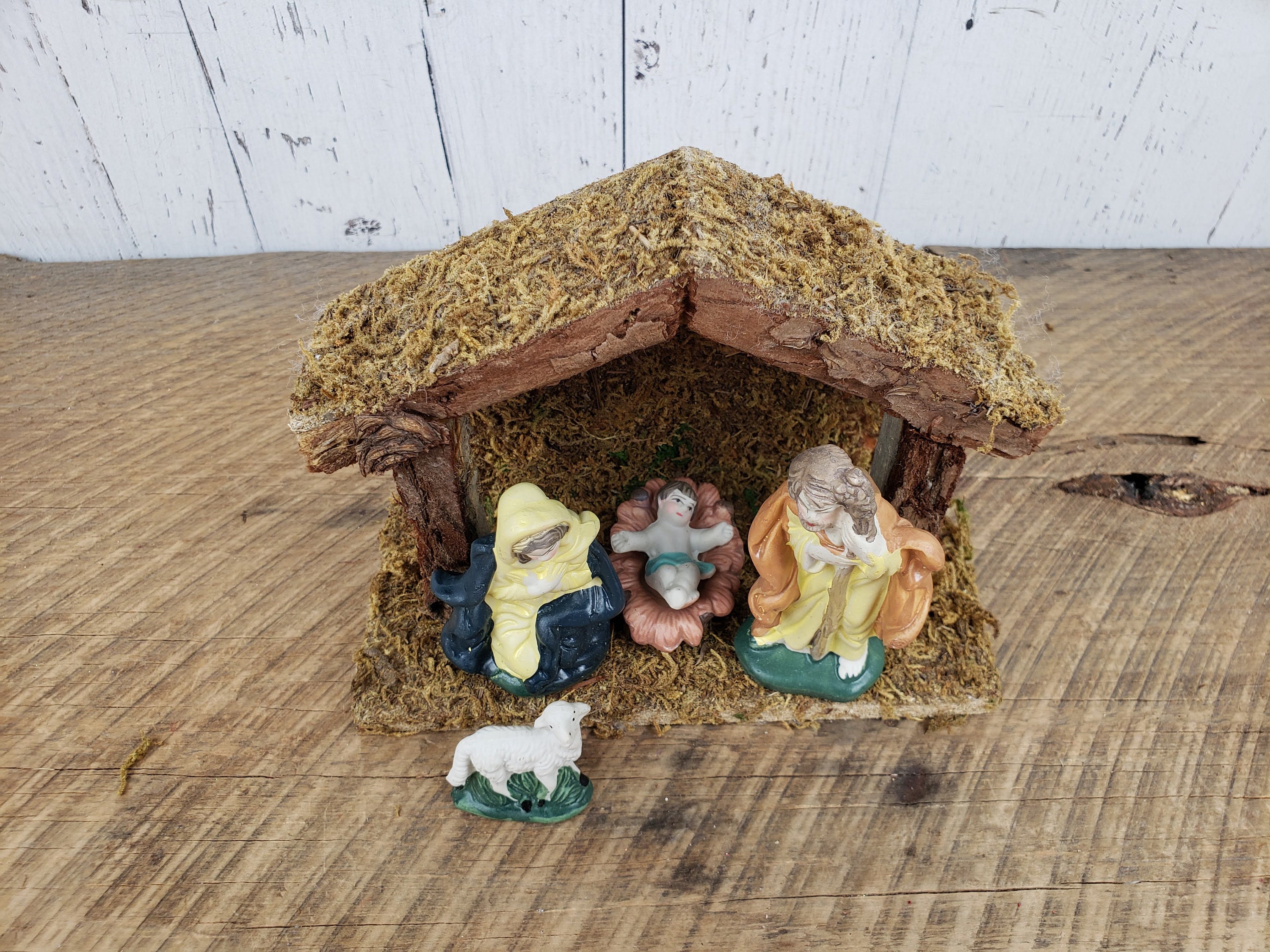 Vintage pequeña natividad conjunto Creche escena madera & Moss | Etsy