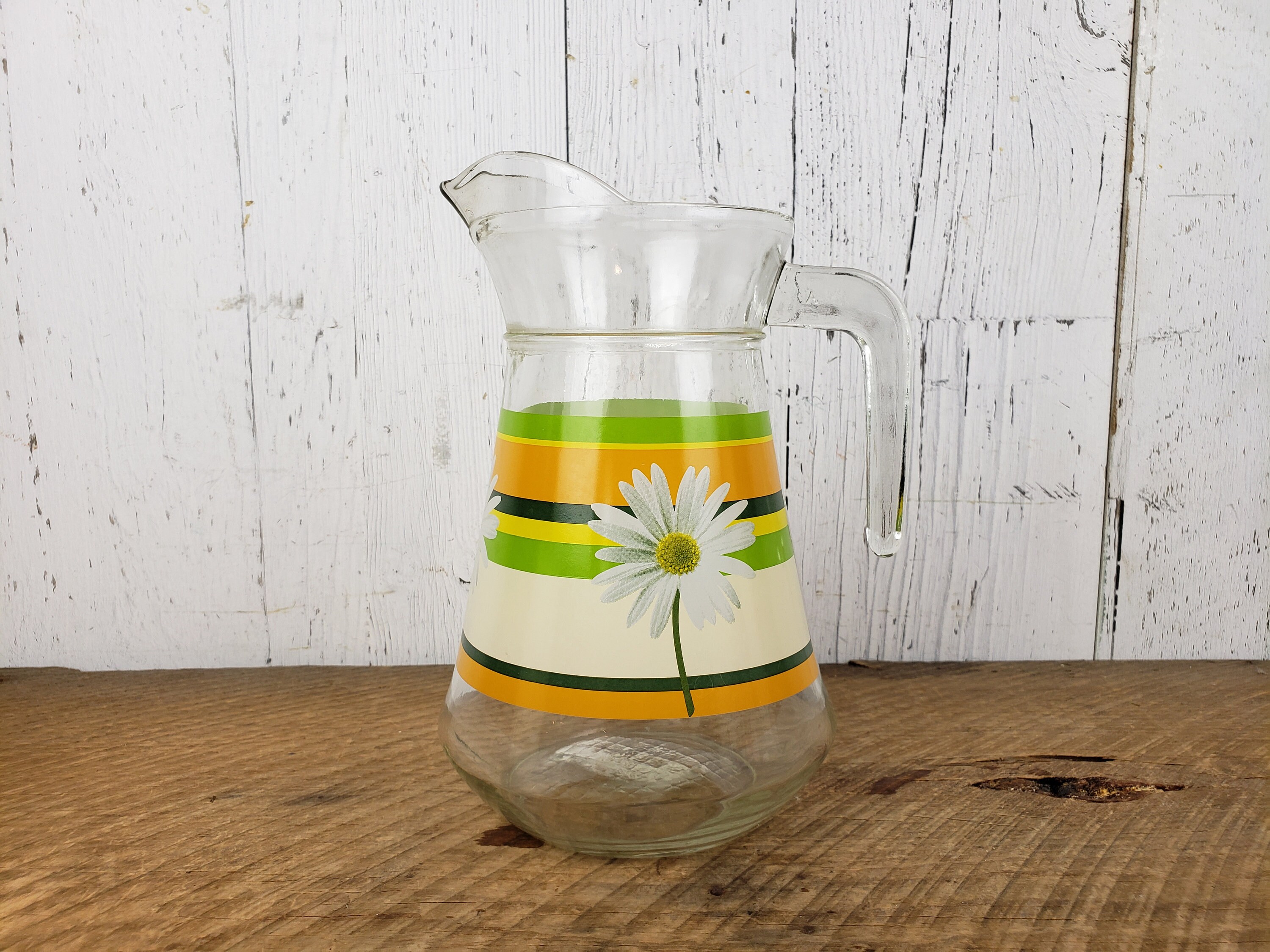Vintage Glass Juice Pitcher Daisy Flower & Stripe Pattern Etsy