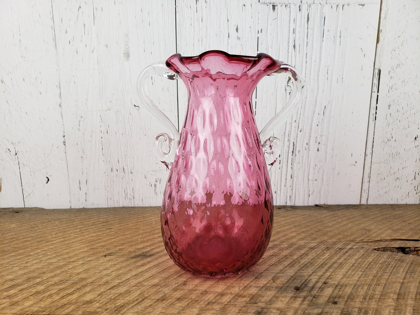 Vintage Pink Hand Blown Glass Vase Double Handle Curved Etsy