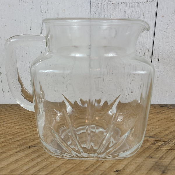 Vintage Glass Pitcher Rounded Cube Shape Retro Water Jug Clear Pressed Glass Modern Mid Century Decor Dinner Party Juice Lemonade Container