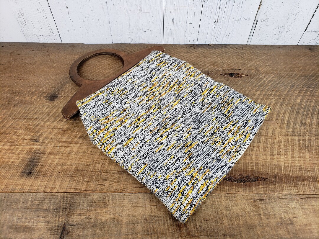 Vintage Folding Knitting Bag Wood & Fabric Purse Sewing Notion