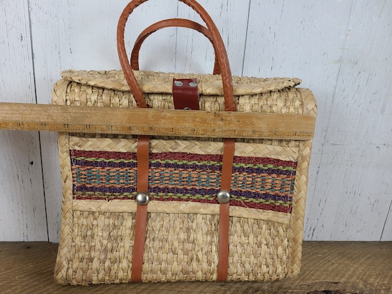 Vintage Weaved Wicker Purse Leather Handle Metal … - image 3