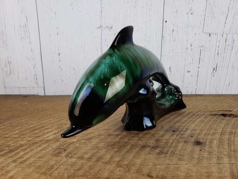 Vintage Turquoise Green Drip Glaze Dolphin Statue Blue Etsy