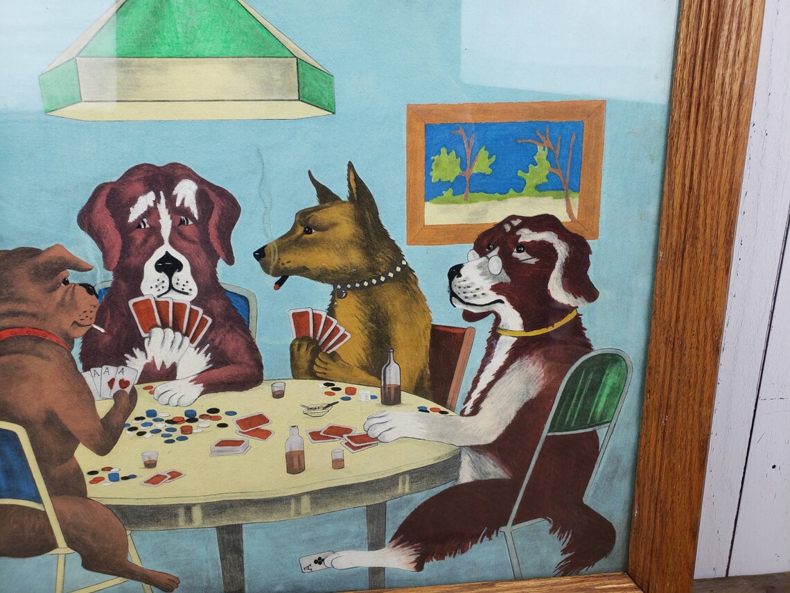 Vintage Dogs Playing Poker Acrylic Painting Large Framed Etsy