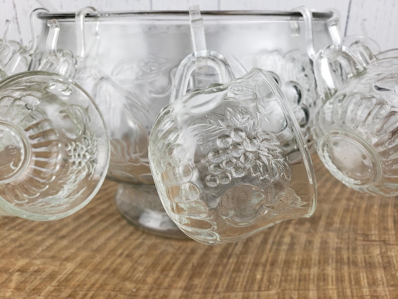 Vintage Punch Bowl 10 Cups Ladle & Hooks Glass Set Etsy