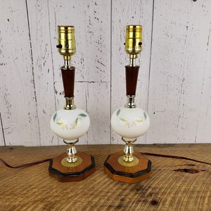 Vintage Set of 2 Mid Century Space Age Lamps 13 Wood Brass Glass Dainty Blue & Gold Leaf Pattern on Milkglass Bedside Table Light Pair image 2