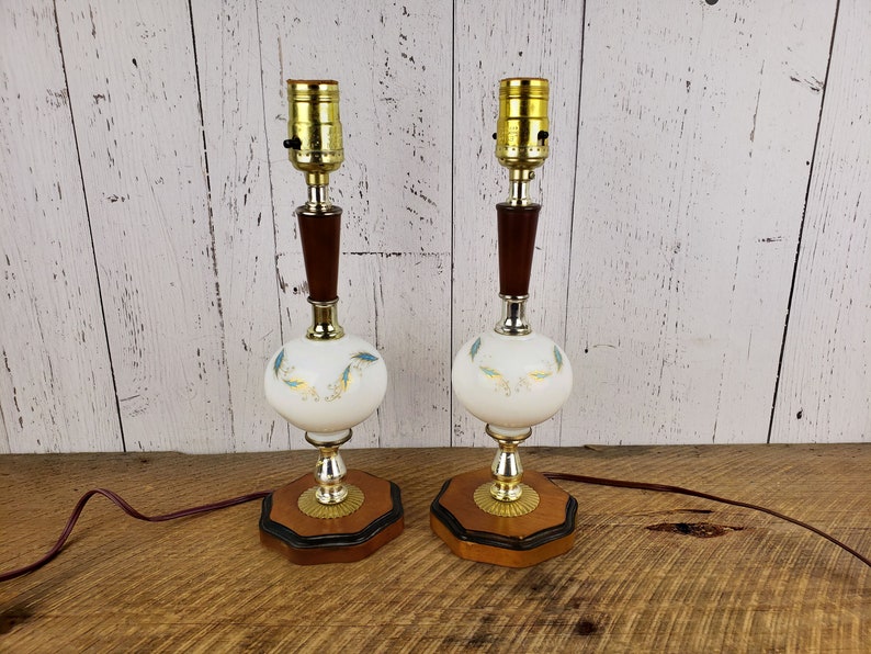 Vintage Set of 2 Mid Century Space Age Lamps 13 Wood Brass Glass Dainty Blue & Gold Leaf Pattern on Milkglass Bedside Table Light Pair image 2