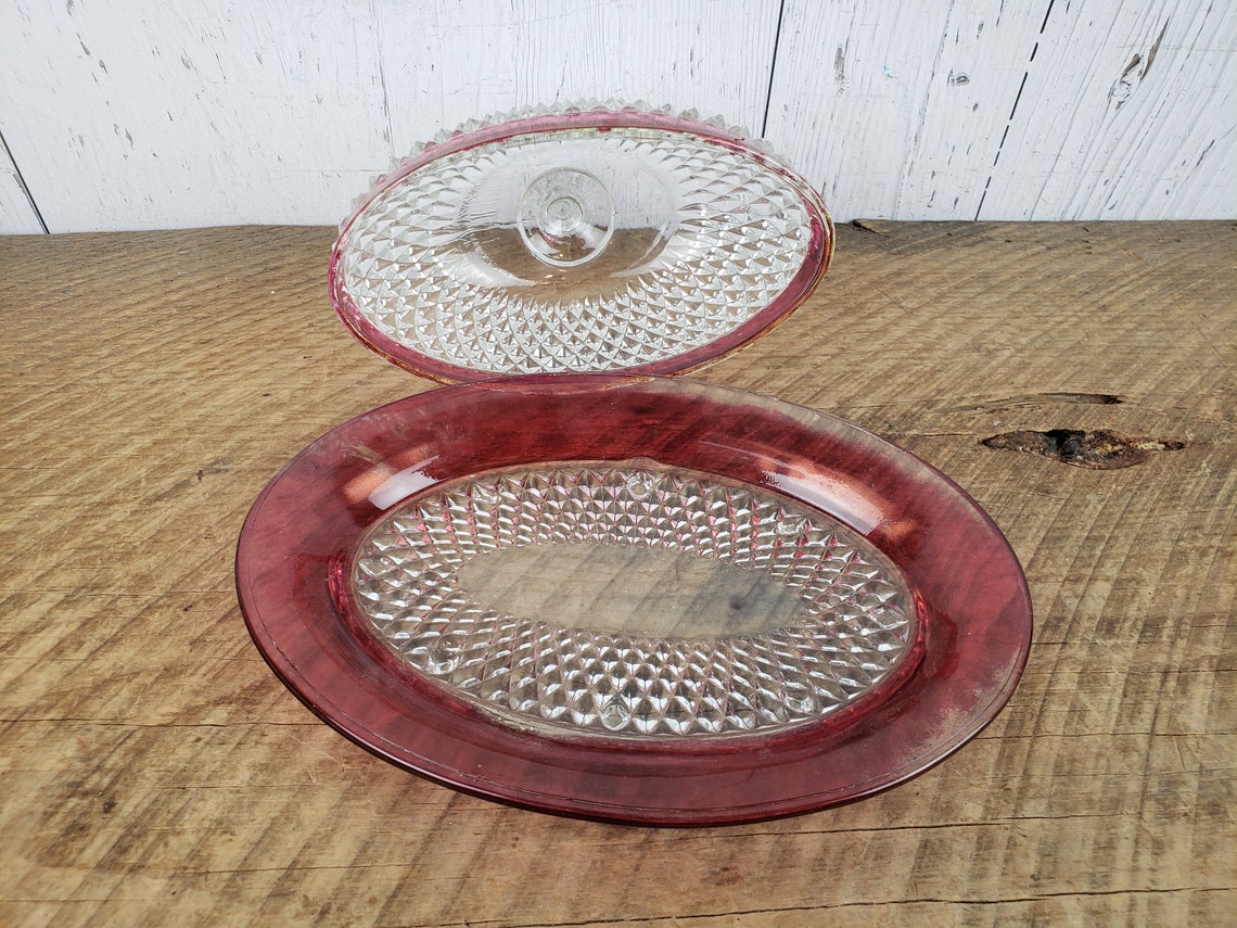 Vintage Red & Clear Glass Oval Butter Dish Diamond Cut Pattern Etsy