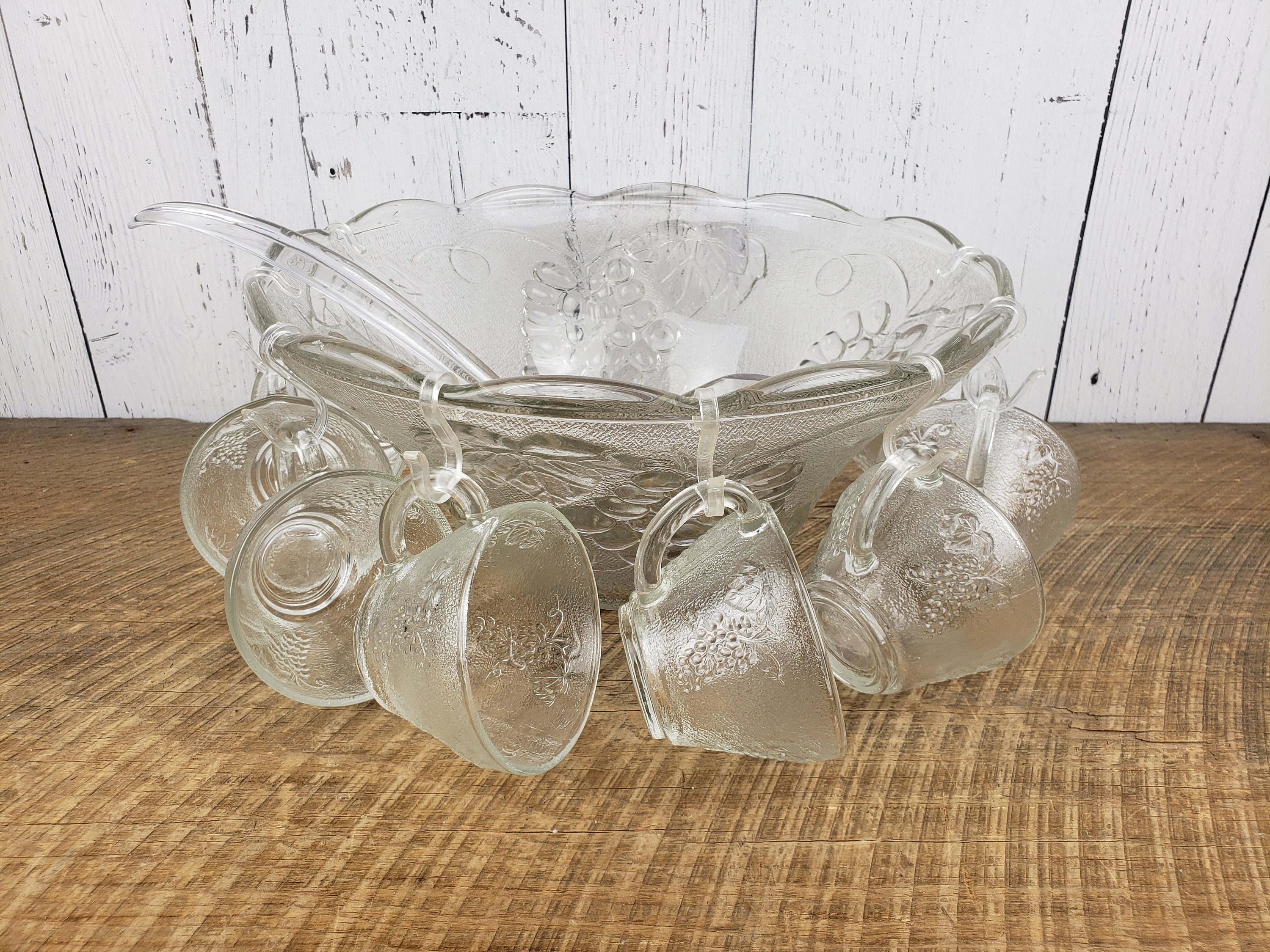 Vintage Punch Bowl 8 Cups Ladle & Hooks Kig Glass Indonesia