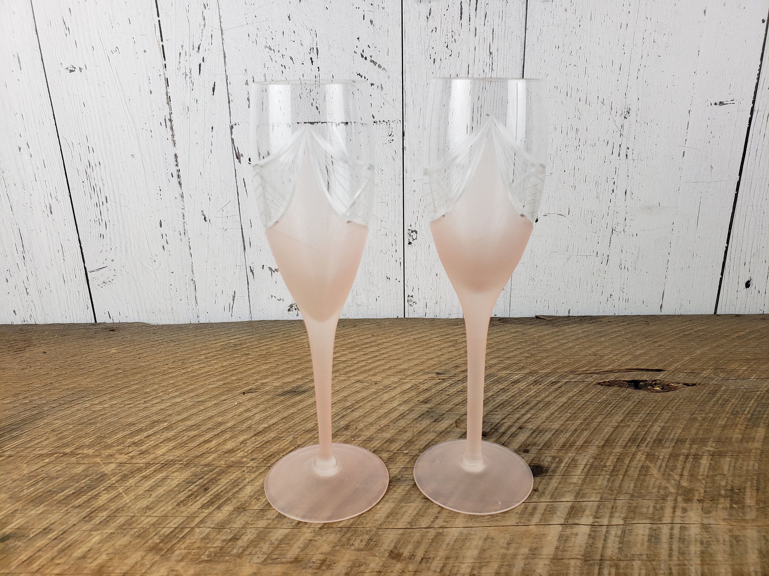 Vintage Set of 2 Pink Frosted Champagne Flutes 7 oz Etched Etsy