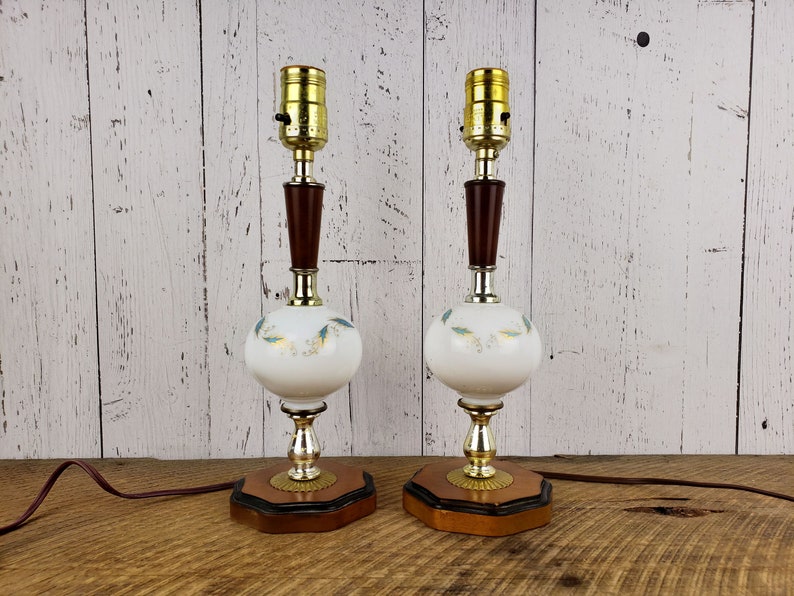 Vintage Set of 2 Mid Century Space Age Lamps 13 Wood Brass Glass Dainty Blue & Gold Leaf Pattern on Milkglass Bedside Table Light Pair image 1