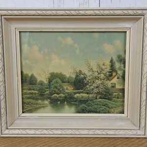 Vintage Lakeside Country Estate Framed Litho Print Wood Frame w/ Glass Landscape Painting Lithography Wall Hanging Art Hollywood Regency